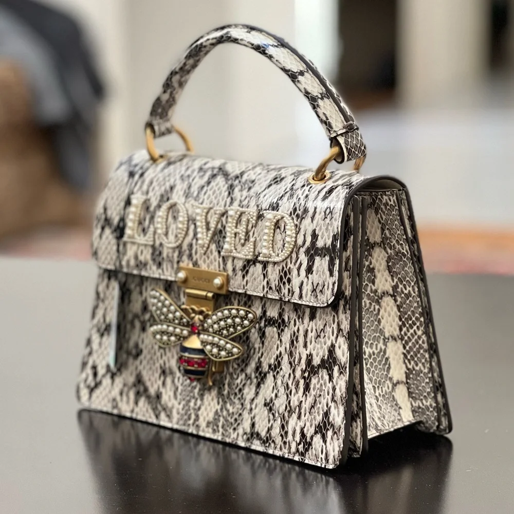 Gucci Black and White Snakeskin 'LOVED' Bee Top Handle Shoulder Bag
